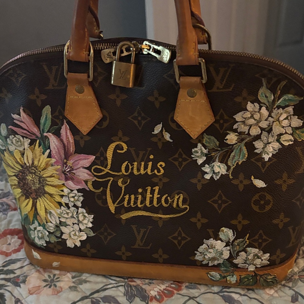 Louis Vuitton Brown hand painted Alma pm Floral Satchel
